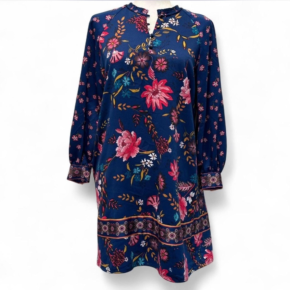 LOFT Navy Floral Long Sleeve Dress